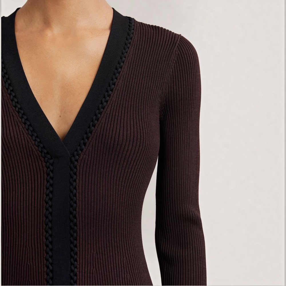NEW REISS Alma Craft-Stitch Rib-Knit Mini Dress Burgundy Black XS NWT - Picture 3 of 10